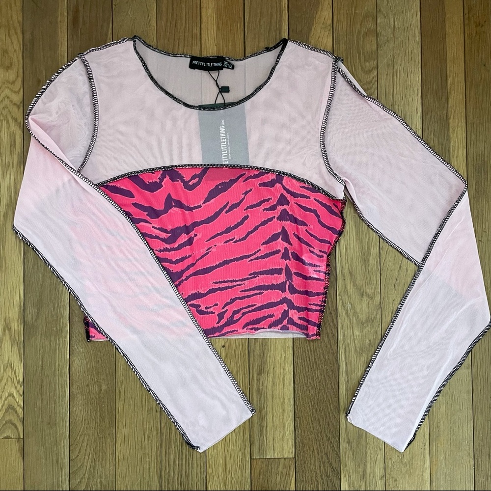 pretty little thing pink print mesh contrast crop